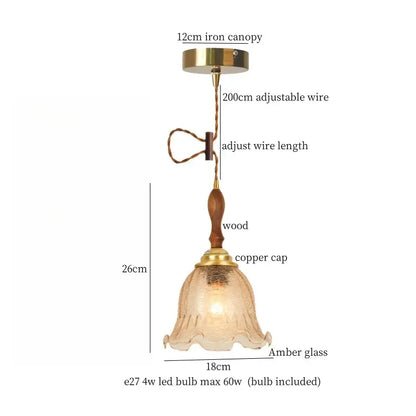 Vintage amber cracked glass led pendant light with wooden stem brass accents and adjustable wire suspension by decorbites
