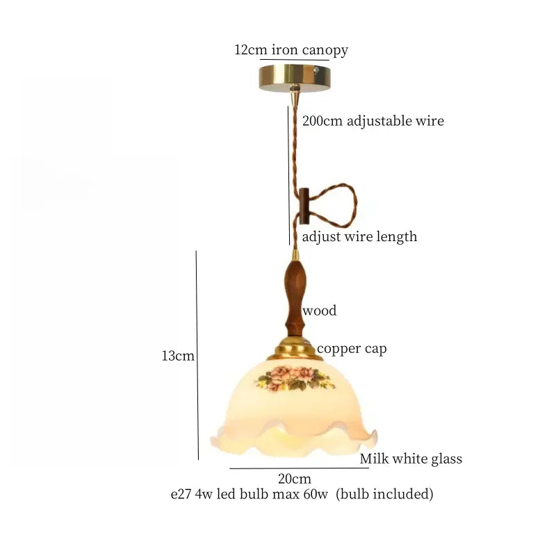 Milk white glass pendant lights with floral design wooden stem and copper accents featuring decorbites cracked glass led elements