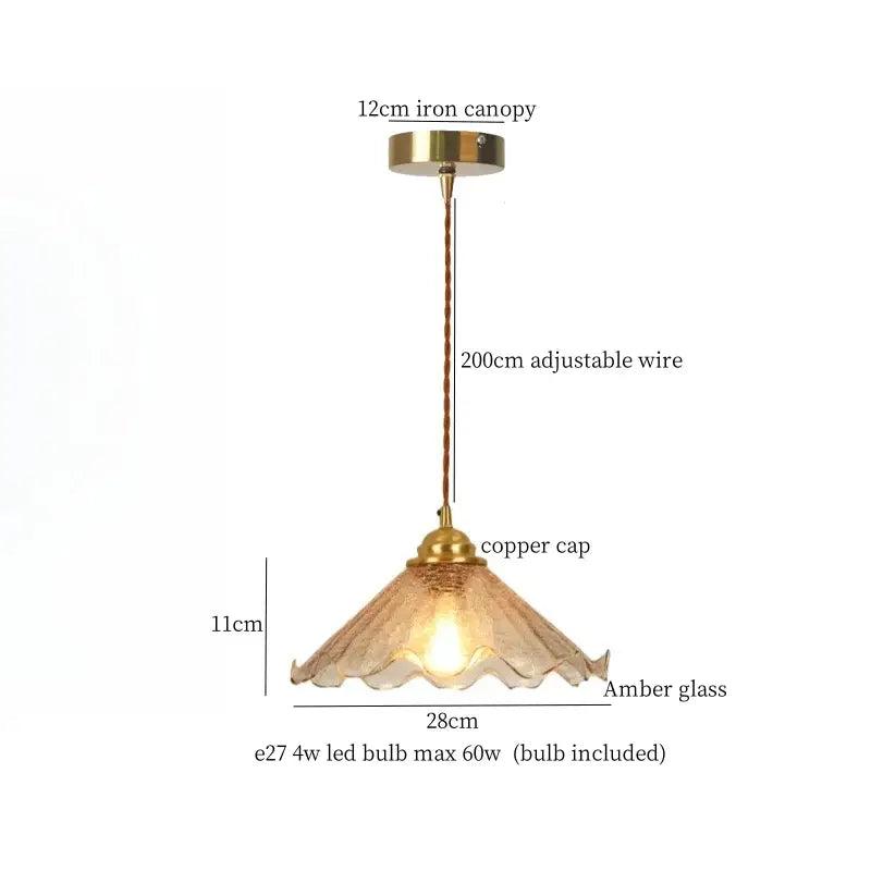 Vintage amber cracked glass led pendant lights with 12cm brass canopy and adjustable copper wire for kitchen decorbites cracked glass