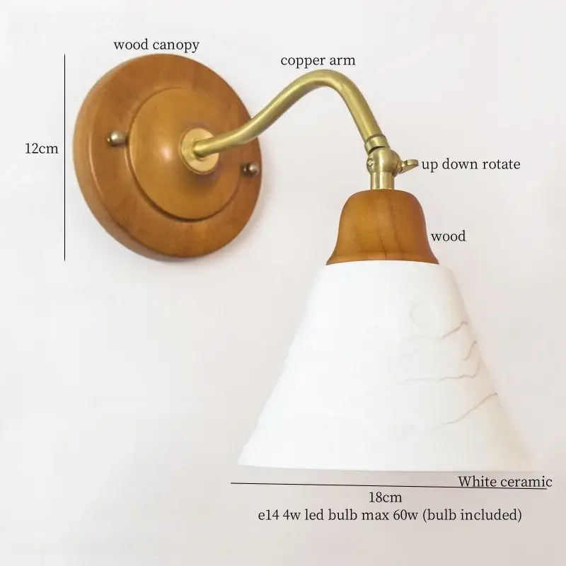Vintage amber cracked glass led wall lights with brass wood sconce and white ceramic shade featuring subtle marble veining