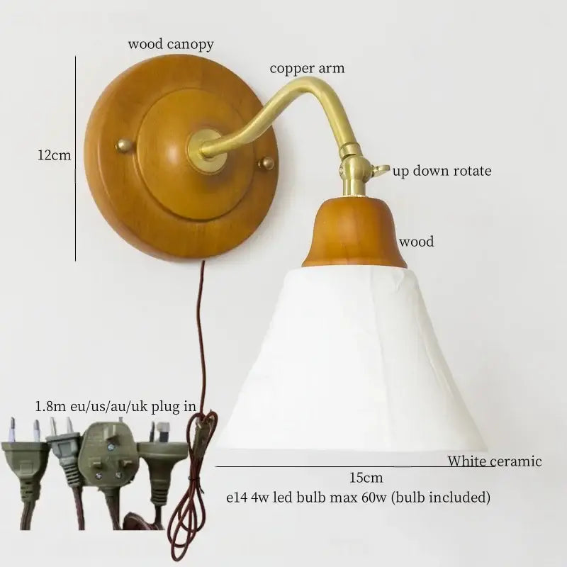 Vintage amber cracked glass led wall lights featuring a wood canopy brass hardware and white ceramic shade by decorbites