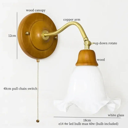 Vintage amber cracked glass led wall light featuring a warm wood canopy, white ruffled glass shade, and brass pull chain switch