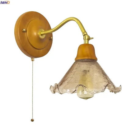 Antique brass and wood wall lights with decorbites cracked glass amber ruffled shade for vintage bedroom decor