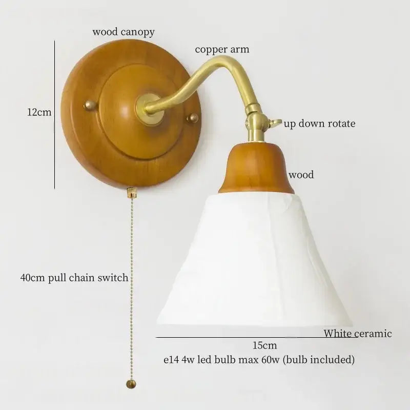 Vintage amber cracked glass led wall light with warm wood canopy brass arm and white ceramic shade for bedroom decorbites cracked glass