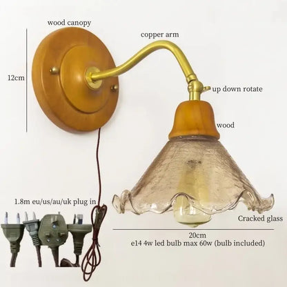 Vintage amber cracked glass led wall lights with warm wood canopy brass copper arm for bedroom decorbites cracked glass sconce