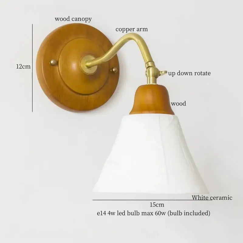 Vintage wall lights with warm wood canopy and brass hardware topped by white ceramic shade decorbites cracked glass led