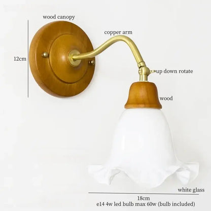 Vintage amber cracked glass led wall light with wooden brass sconce and white ruffled glass shade for bedroom decorbites cracked glass