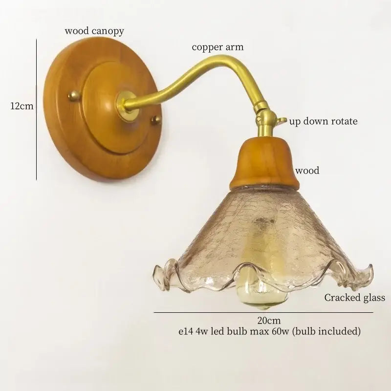 Vintage amber cracked glass led wall lights featuring a warm brass copper arm and wooden base with ruffled shade decorbites cracked glass