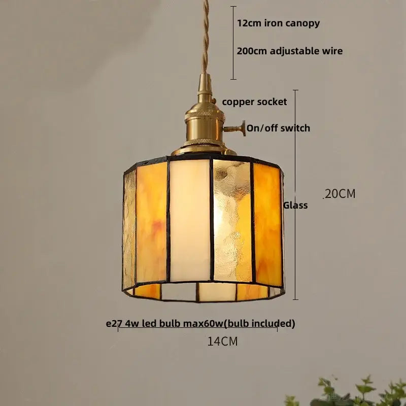 Vintage amber and cream stained glass pendant lamp with brass copper socket iron canopy and decorbites copper knob switch