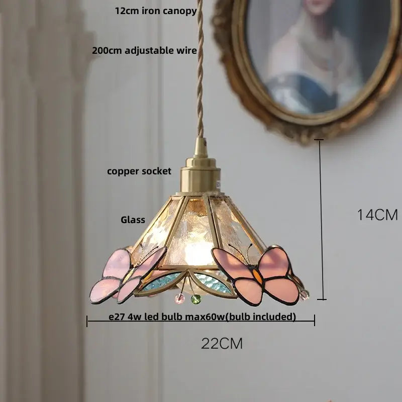 Delicate tiffany-style pendant lamp with brass-finished copper socket and knob switch featuring pink blue butterfly panels