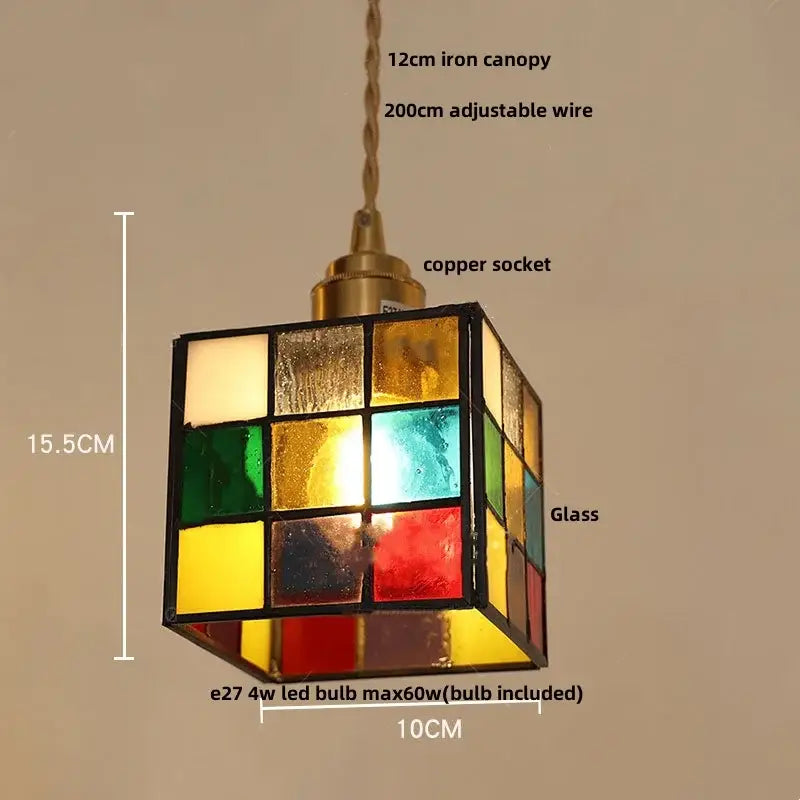 Vintage amber and cream stained glass pendant lamp with decorbites copper knob switch and adjustable wire socket