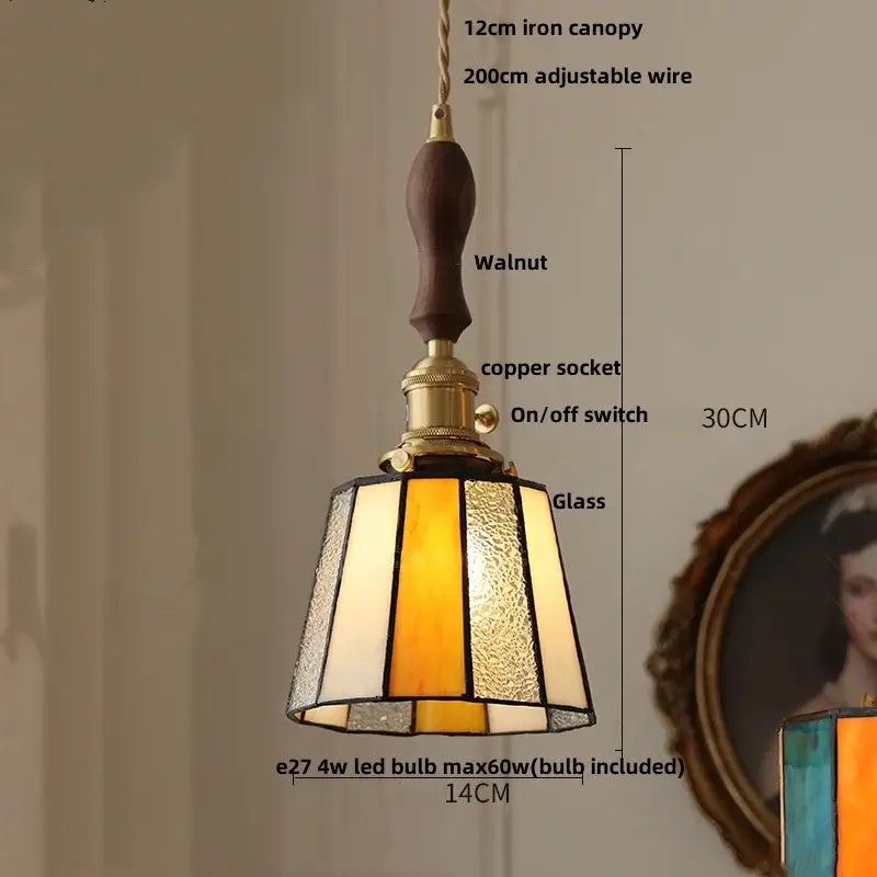 Vintage amber and cream stained glass pendant lamp with wooden handle brass accents and decorbites copper knob switch