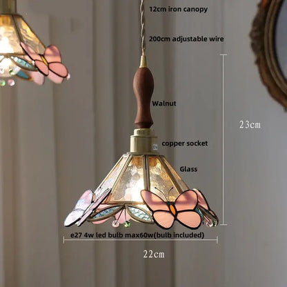 Vintage amber and cream stained glass pendant lamp with butterfly motifs copper knob switch walnut iron canopy