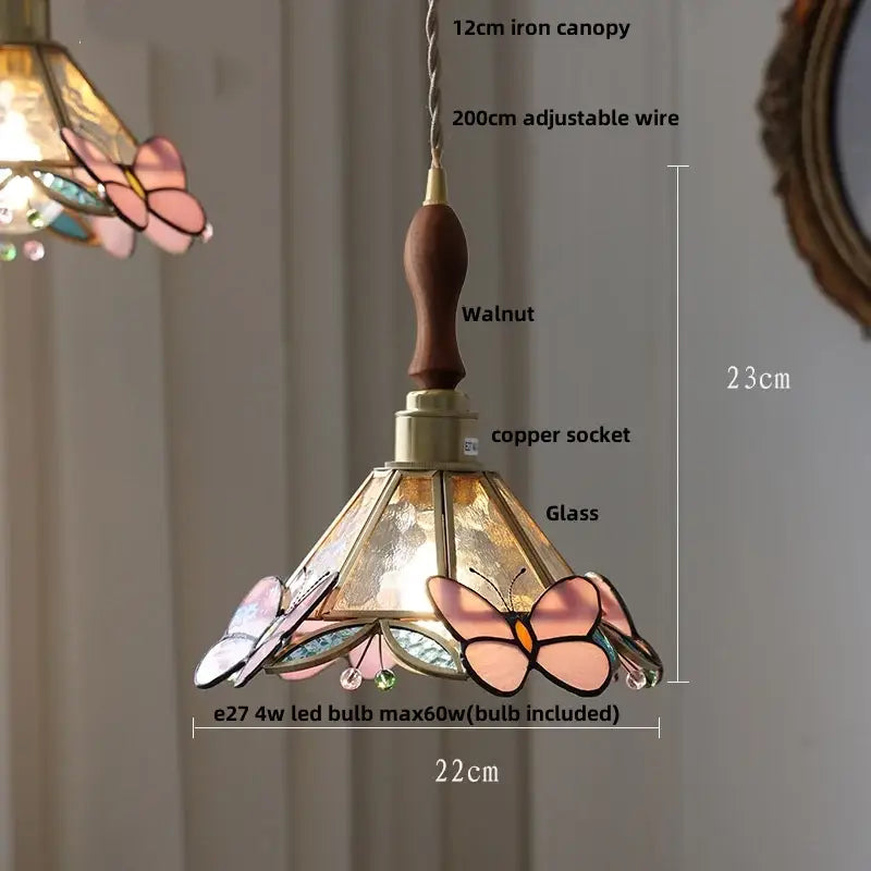 Vintage amber and cream stained glass pendant lamp with butterfly motifs copper knob switch walnut iron canopy