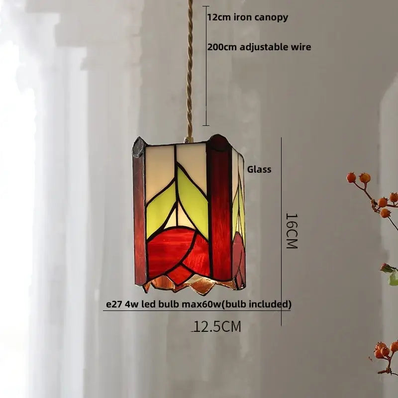 Vintage amber and cream stained glass pendant lamp with red yellow floral design and decorbites copper knob switch