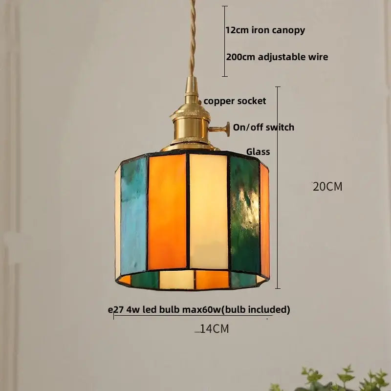 Vintage amber and cream stained glass pendant lamp with decorbites copper knob switch and adjustable wire suspension