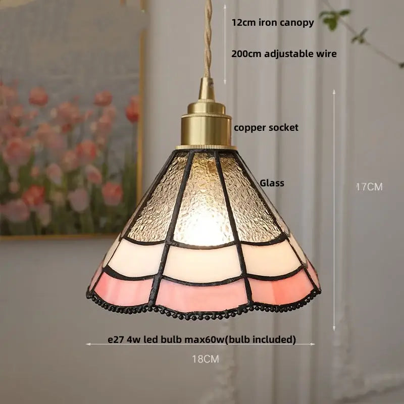 Vintage amber and cream stained glass pendant lamp with brass copper socket and decorbites copper knob switch for dining room