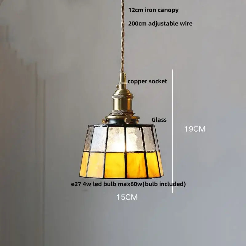 Vintage amber and cream stained glass pendant lamp with brass copper socket and decorbites copper knob switch for dining room