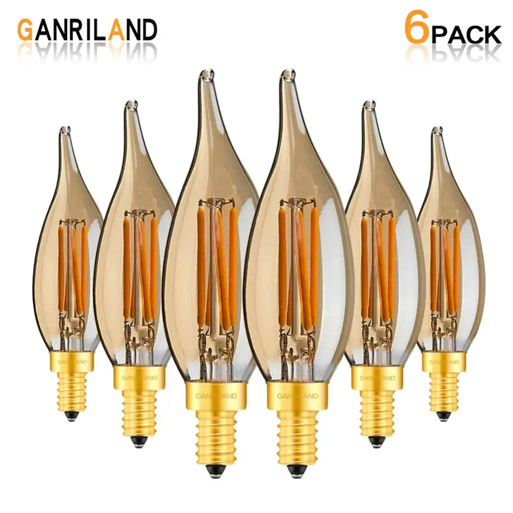 Set of six amber-tinted vintage dimmable led filament bulbs with gold screw bases for dining room pendant light decorbites led filament