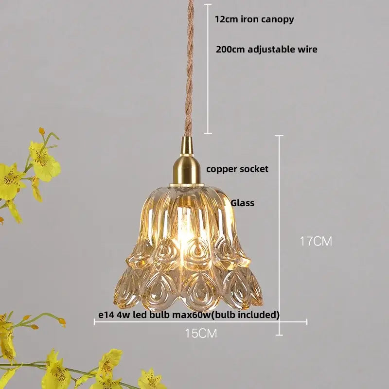 Vintage amber flower glass pendant lamp with translucent fluted amber flower glass and brass copper socket for dining room