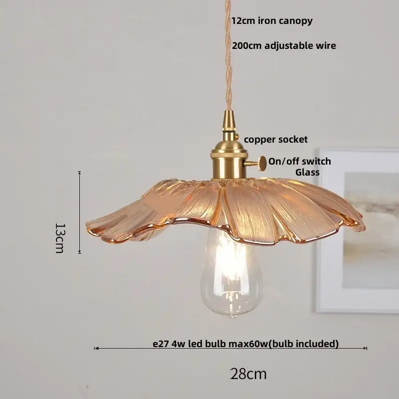 Vintage amber flower glass pendant lamp with fluted petal design and brass hardware for dining room lighting