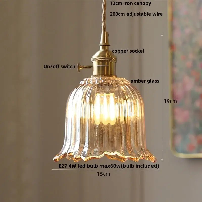 Vintage amber flower glass pendant lamp with fluted amber glass and brass finish for dining room lighting