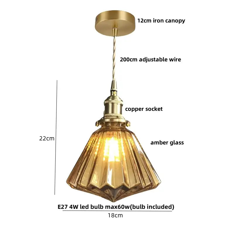 Vintage amber flower glass pendant lamp with brass iron canopy copper socket and amber ridged glass shade for dining room