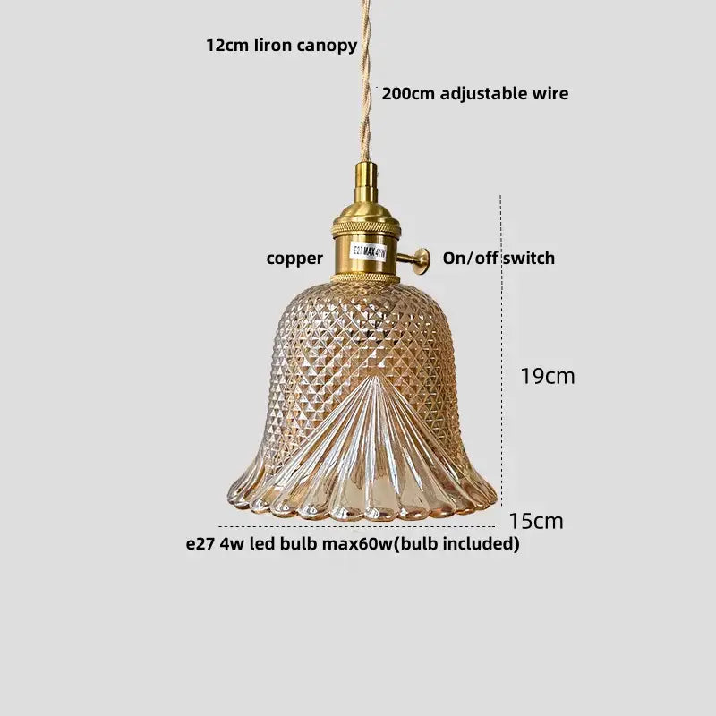 Vintage amber flower glass pendant lamp with bell-shaped textured shade and brass finish for dining room lighting