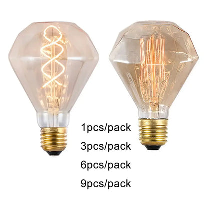 Two vintage amber g95 diamond led bulbs with brass bases and spiral filament for living room decorbites g95 diamond lighting