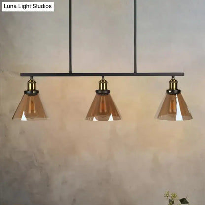 Black metal bar pendant light with three amber glass shades brass accents vintage globe cone 220v-240v dining room lamp