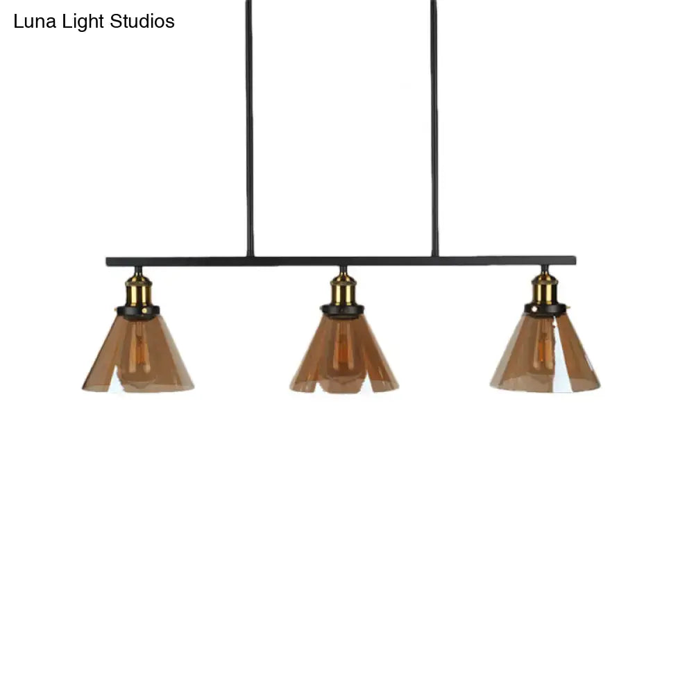 Black metal bar pendant light with three amber glass globe cone shades for 220v-240v dining room use