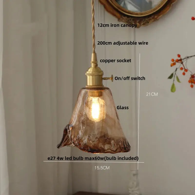Vintage amber glass adjustable pendant light with textured glass and brass copper socket for dining room lighting