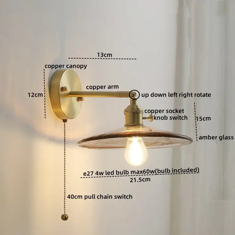 Antique brass finished wall lamp with vintage amber glass copper led shade and exposed edison bulb for bedroom use