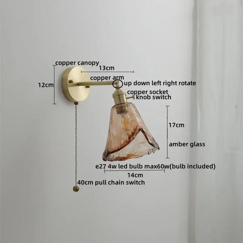 Vintage copper led wall lamp with amber glass shade and pull chain switch for bedroom lighting