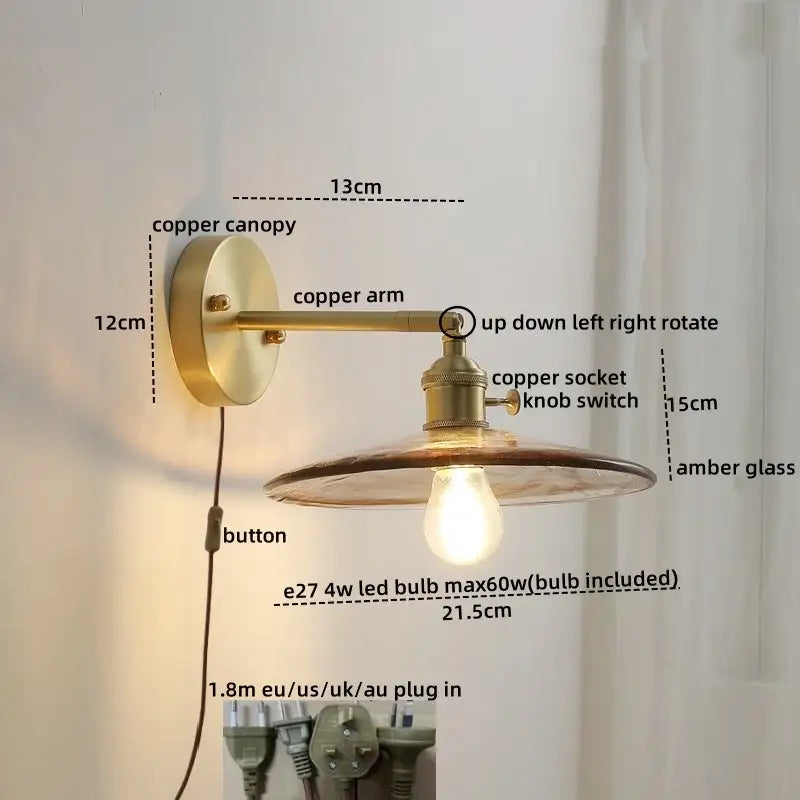 Vintage amber glass copper led wall lamp with pull chain featuring a visible led bulb and copper led wall design