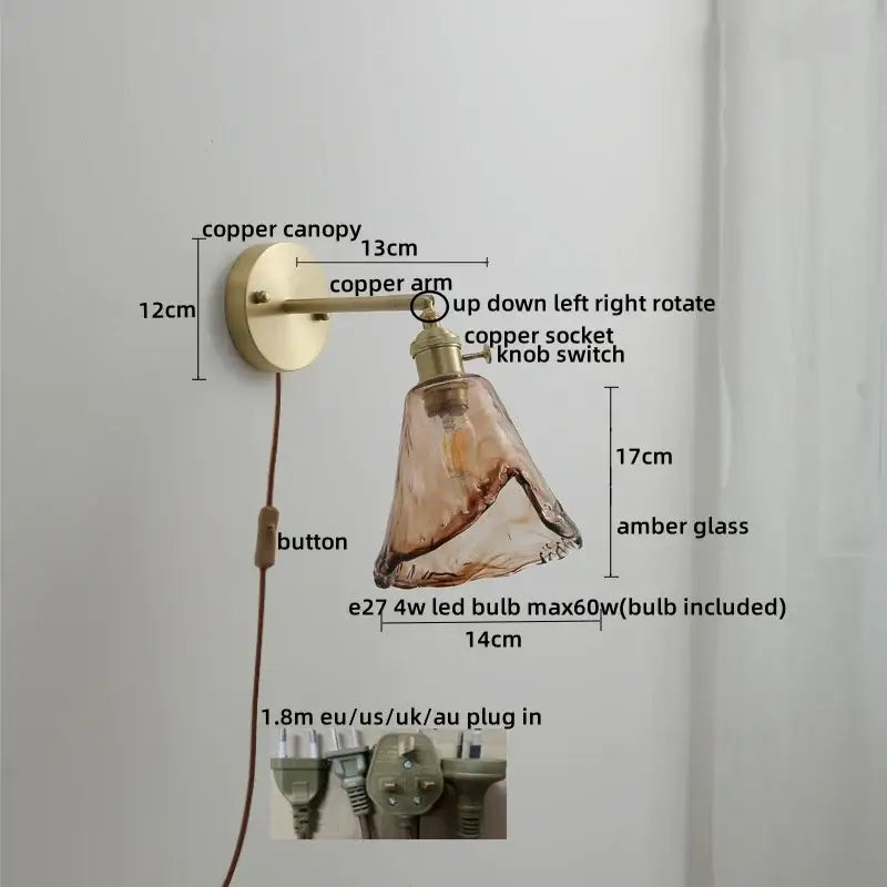 Vintage amber glass copper led wall lamp with pull chain featuring a copper led wall sconce and warm light diffuser