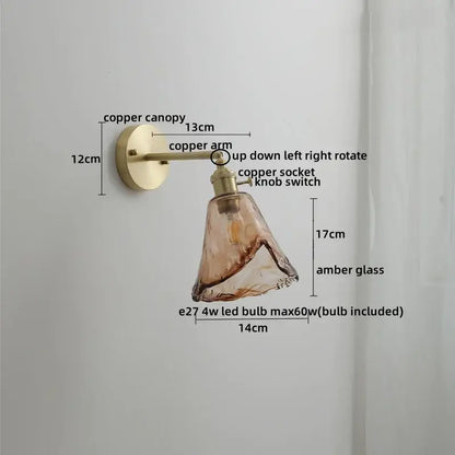 Vintage amber glass copper led wall lamp with warm amber glass shade brass copper arm and adjustable knob switch