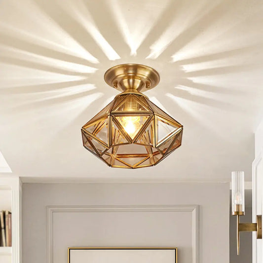 DecorBites™ DecorBites™ Vintage Amber Glass Diamond Flush Light with Brass Finish for Foyer Ceiling