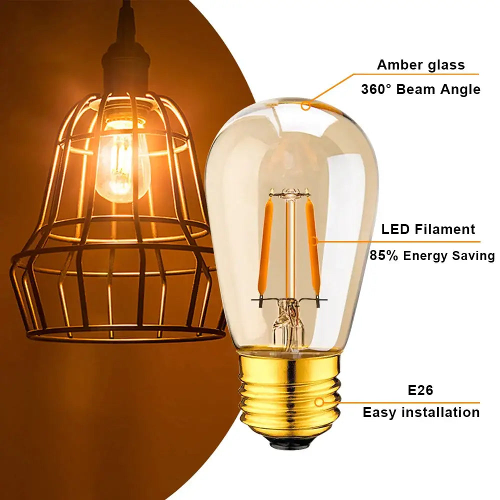 Vintage amber glass dimmable e27 led edison bulb with gold e26 base and filament design for dining room lighting