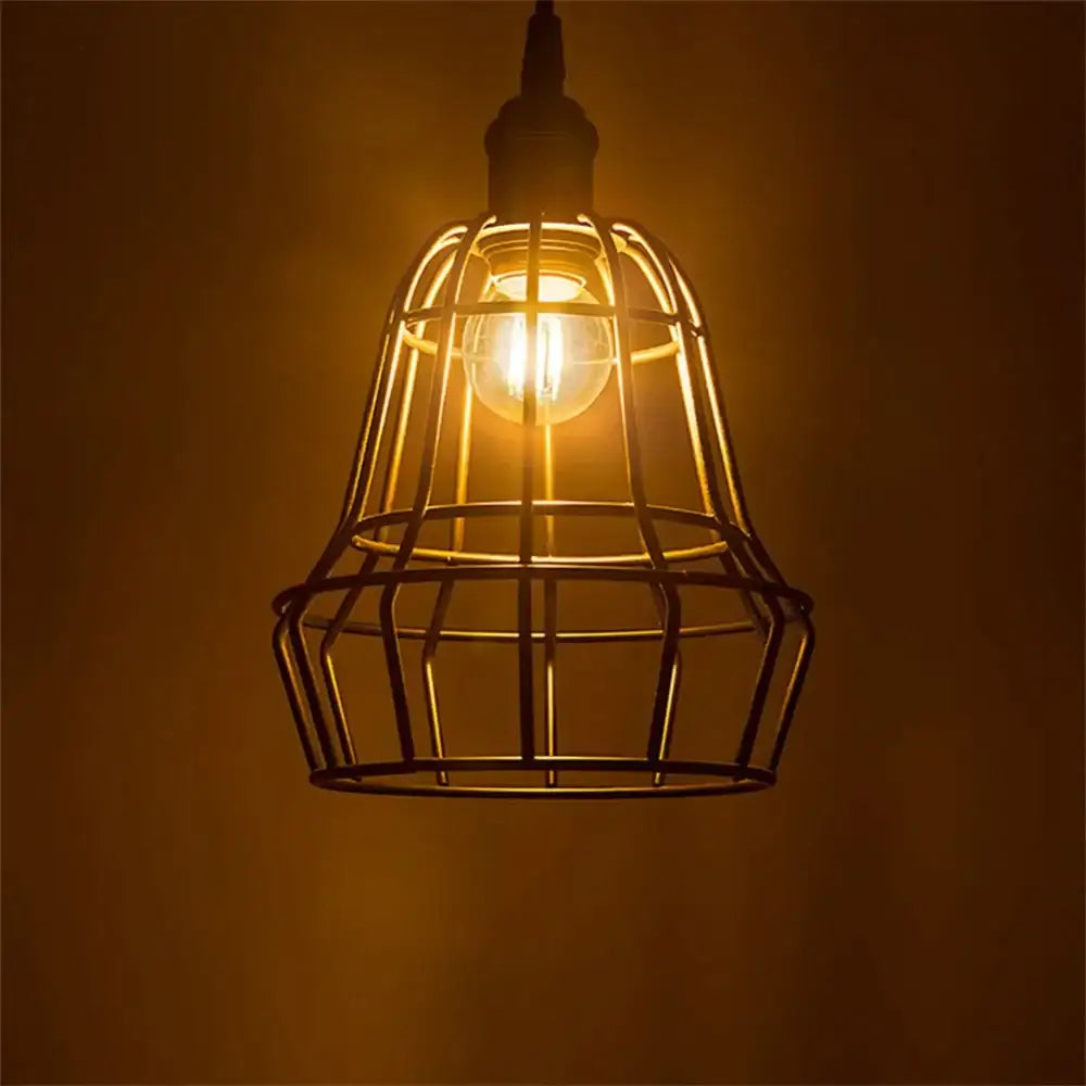 Industrial-style black metal cage pendant light with vintage amber glass decorbites g40 3w led bulbs warm glow