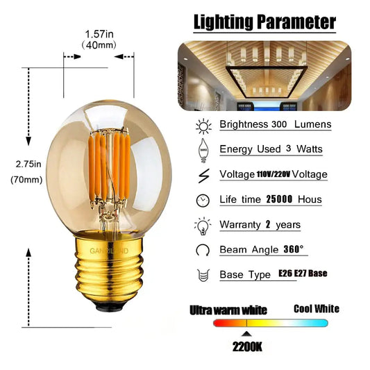Vintage amber glass g40 3w led bulbs with gold-toned base and visible filament for decorbites living room lighting