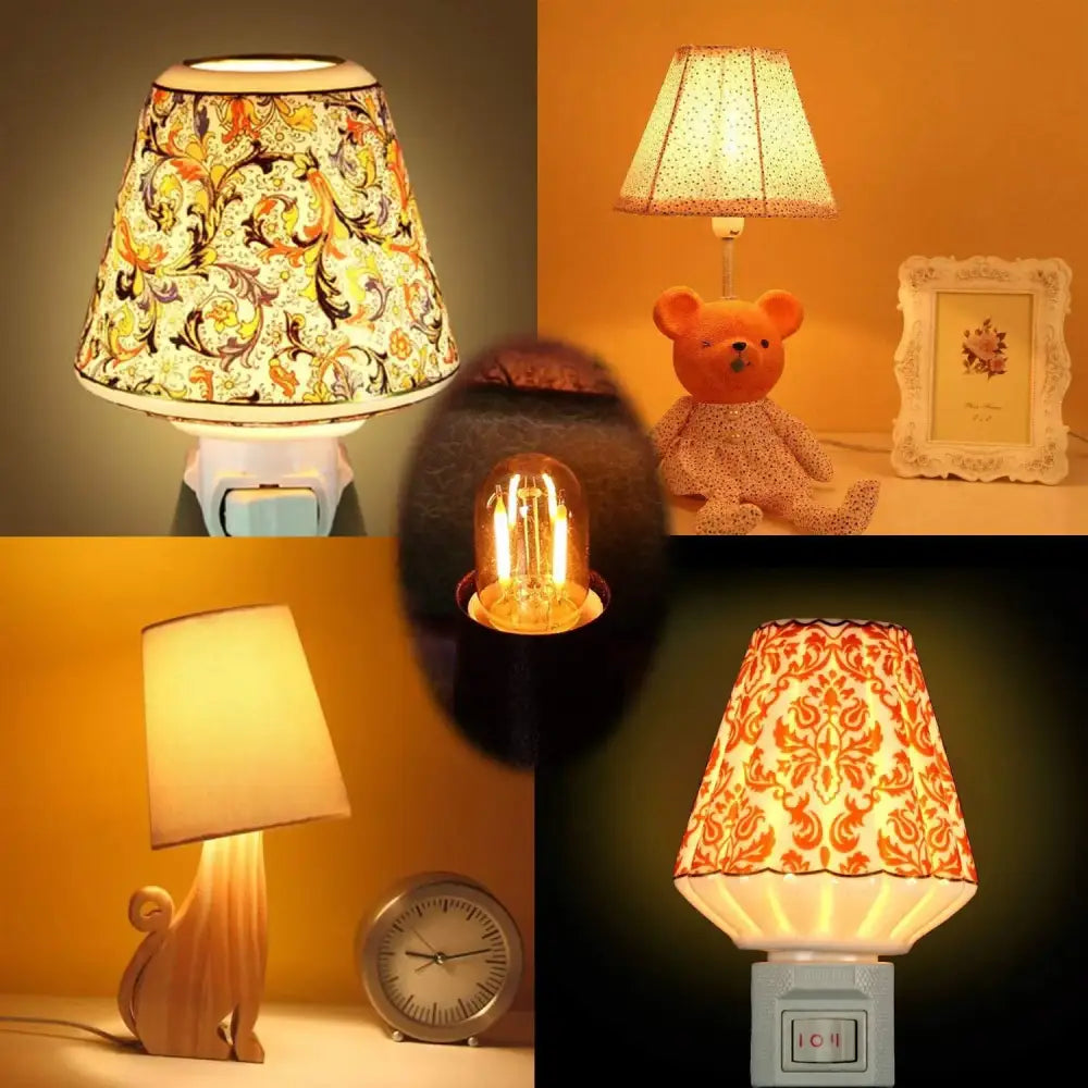 A decorative nightlight with a patterned lampshade and white base featuring a vintage amber glass led filament bulb