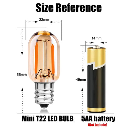 Mini t22 led filament bulb with clear amber glass and silver base for decorbites dimmable bedroom lighting