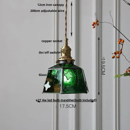 Green stained glass pendant light with brass copper socket and switch for vintage amber glass led pendant light use