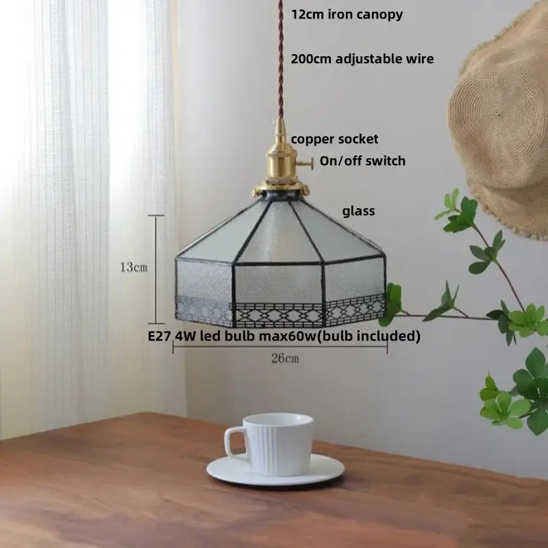 Vintage amber glass led pendant light with hexagonal gray glass led panels brass socket and black metal frame for dining room
