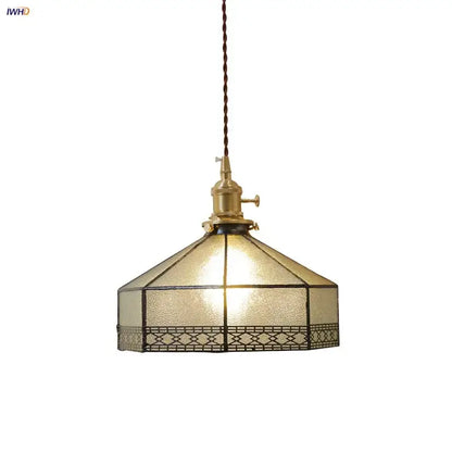 Vintage amber glass led pendant light with textured stained glass shade featuring geometric patterns for dining room