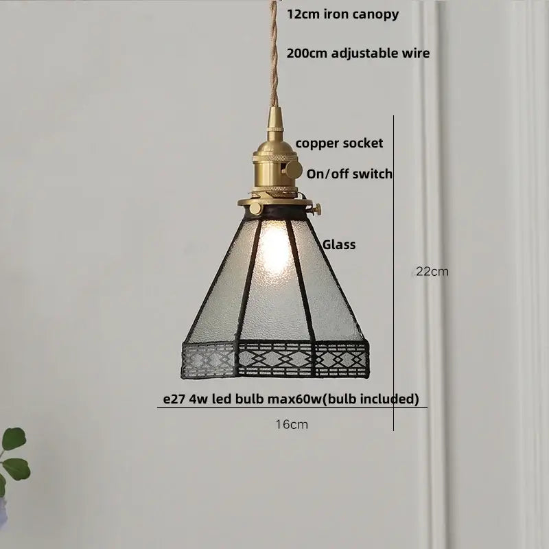 Vintage amber glass led pendant light with brass copper socket, black metal trim, and adjustable iron canopy for dining room