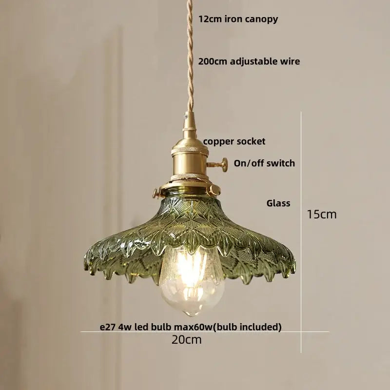 Vintage amber glass led pendant light with antique green glass, brass accents, and adjustable copper wire suspension