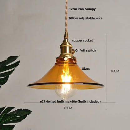 Vintage amber glass led pendant light with decorbites amber glass and brass copper socket for kitchen use