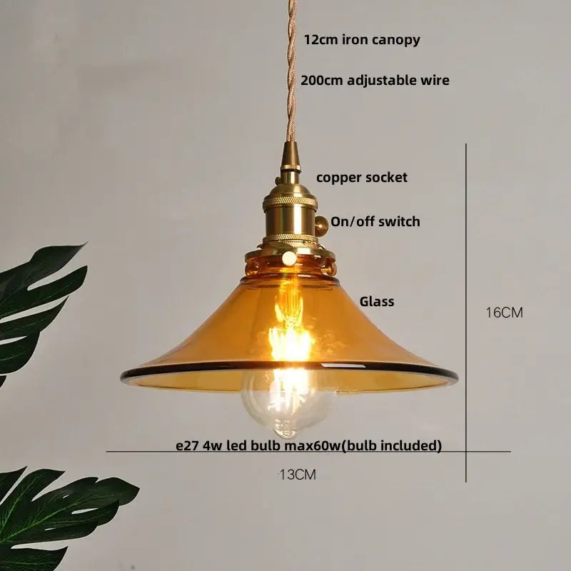 Vintage amber glass led pendant light with decorbites amber glass and brass copper socket for kitchen use